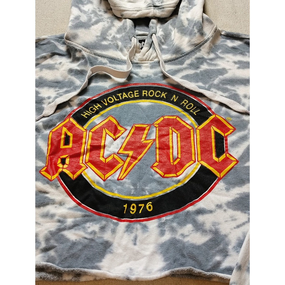 ACDC High Voltage Rock N Roll 1976 Tie Dye Cropped Hoodie Grey White XL 21 - Picture 2 of 8
